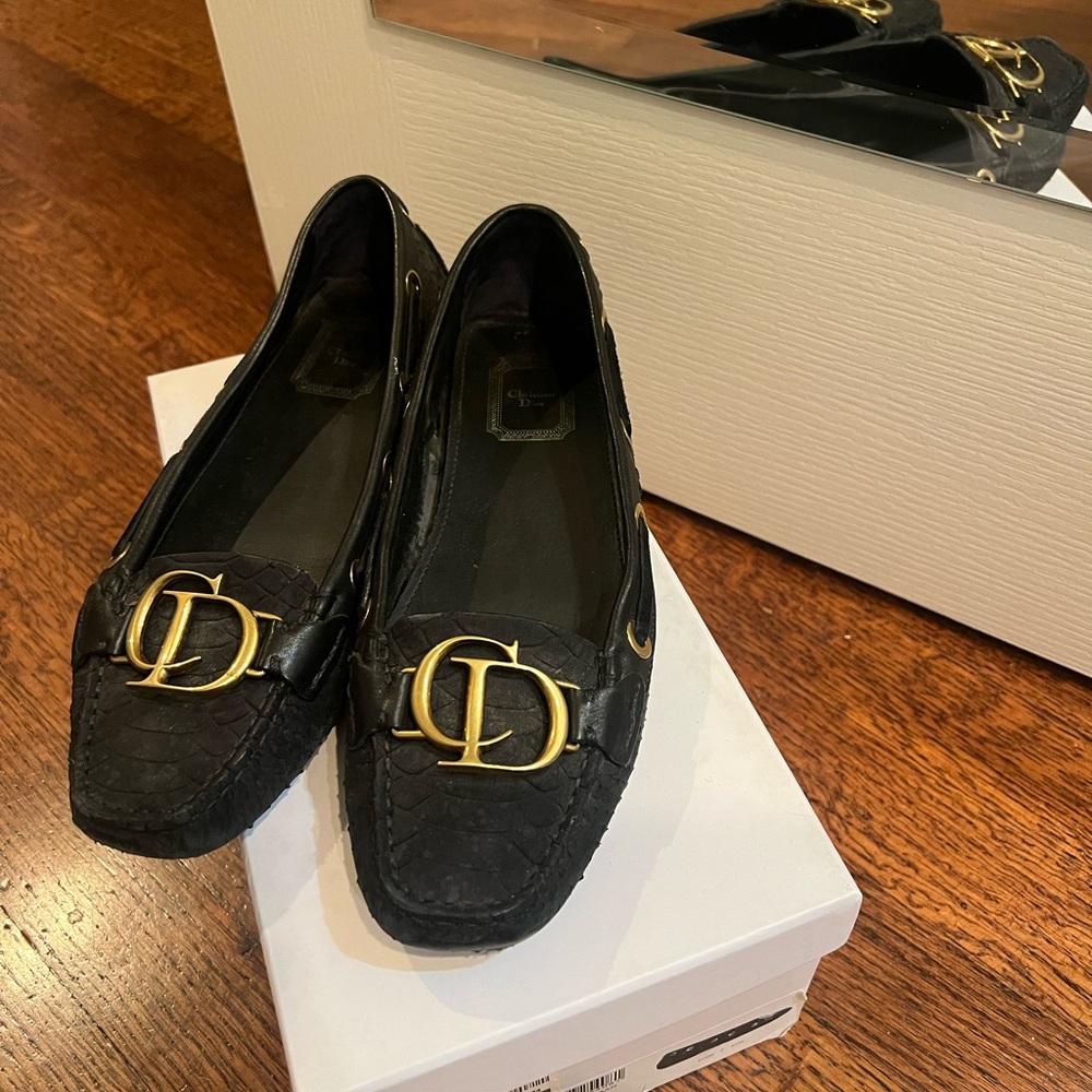 Black Dior Leather Loafers with Gold Accent